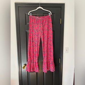 Lolly Wolly Doodle Pink and Black Patterned Ruffle Hem Pants